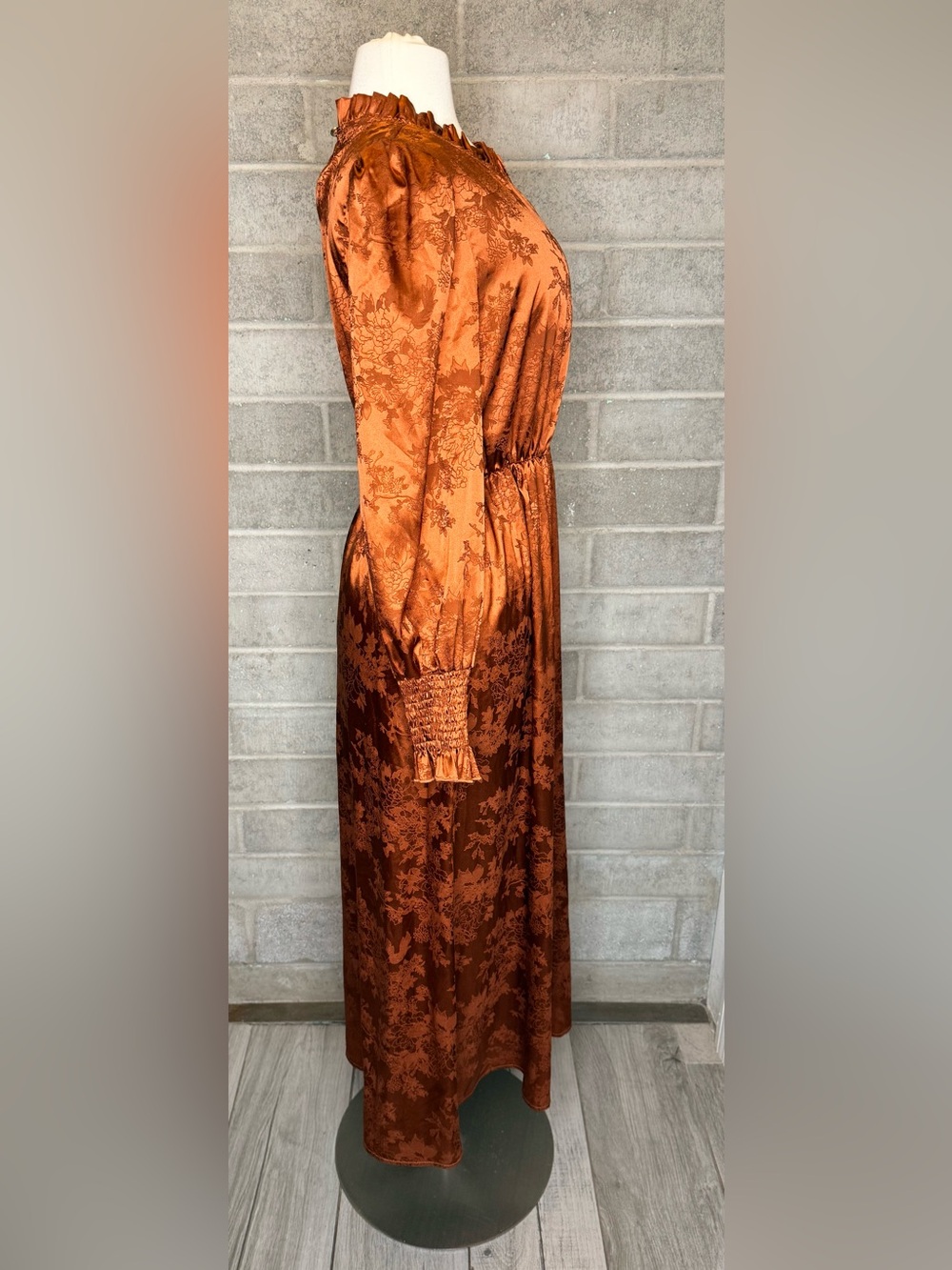 Rust Satin Jacquard Midi Dress Puff Sleeve Mock Neck Cottagecore Boho - Picture 9 of 14